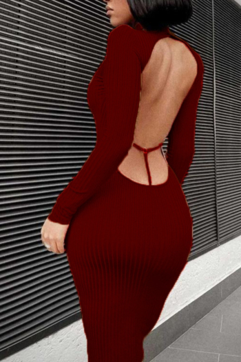 Autumn open back XS-XL solid color stretch slim maxi dress