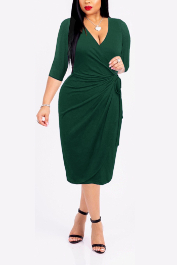 pure color plus size summer three-quarter sleeve v-neck lace-up stretch casual midi dress