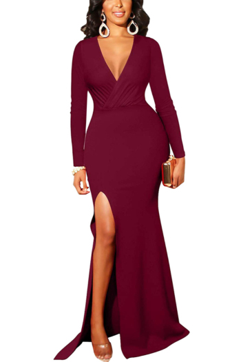 plus size autumn v-neck new stylish solid color elegant stretch slit maxi gown