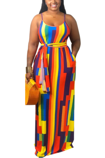 l-5xl summer multicolor stripes printing stretch adjustable straps loose sexy maxi dress with belt