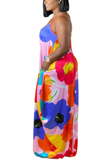 l-5xl summer multicolor batch printing stretch adjustable straps loose sexy maxi dress with belt 1#