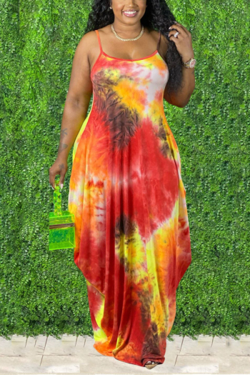l-5xl summer multicolor tie-dye printing stretch adjustable straps loose sexy maxi dress with belt