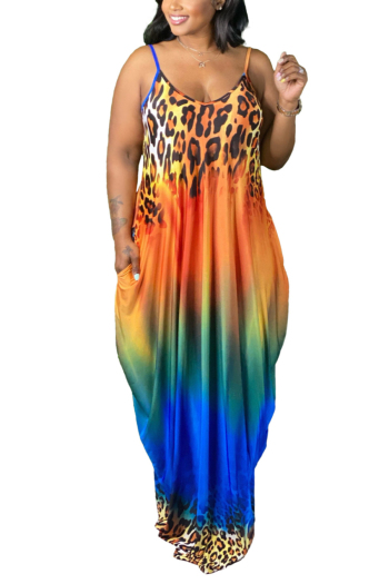 l-5xl summer leopard tie-dye mixed printing stretch adjustable straps loose sexy maxi dress with belt