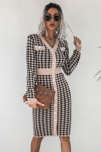 autumn new three colors houndstooth knitted v-neck button decor stylish midi dress