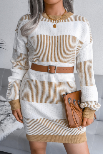 autumn three colors new stripe contrast color knitted casual loose mini dress (without belt)
