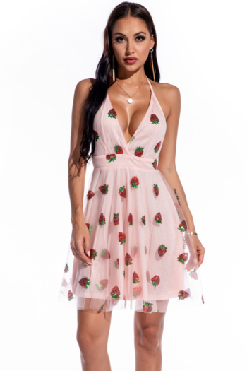 summer plus size halter neck strawberries sequin embroidered backless mini evening dress