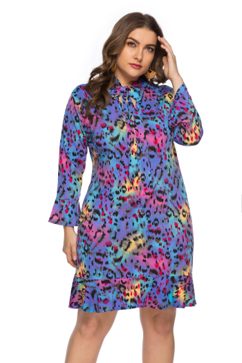 xl-6xl autumn new multicolor leopard printing micro-elastic tie-neck stylish mini dress 2#