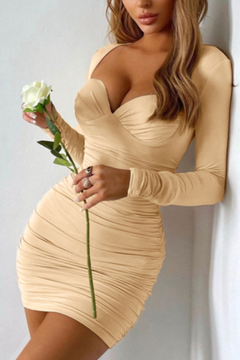 early autumn solid color low-cut new stylish stretch sexy pleated mini dress