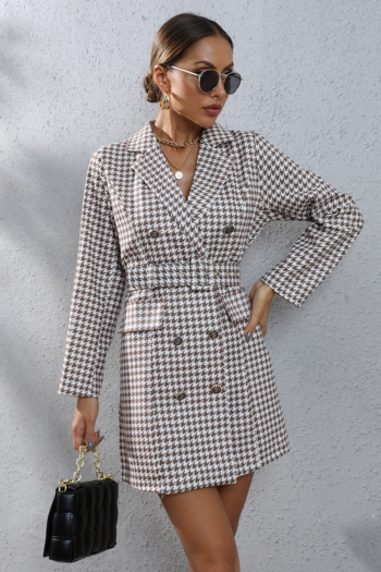 winter new plus size houndstooth printing inelastic suit-collar double-breasted stylish mini dress with adjustable belt
