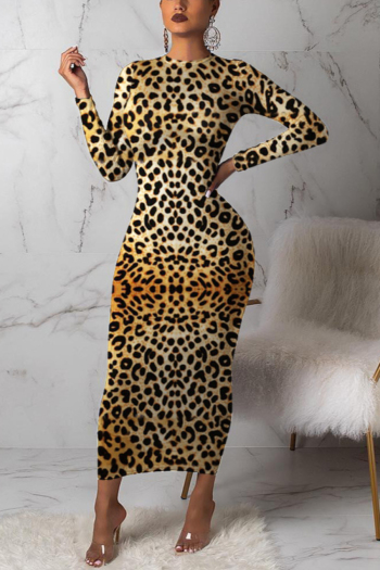 autumn new fashion leopard batch printing elastic plus size simple midi dress