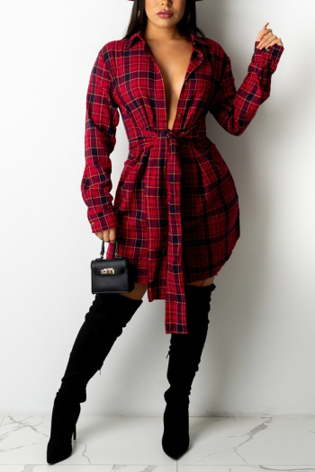 autumn new plaid batch printing lace-up plus size single-breasted inelastic casual mini dress