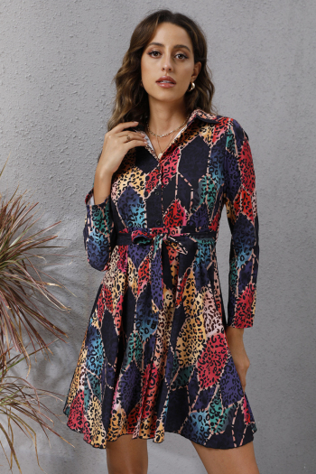 autumn new plus size multicolor graphic batch printing inelastic stylish casual mini shirtdress with belt