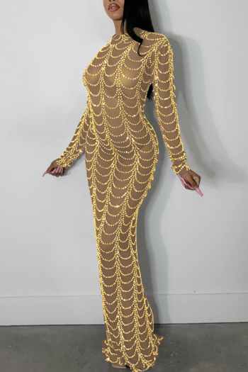 autumn new stylish plus size stretch mesh see-through rhinestone zip-up sexy maxi dress(without lining)