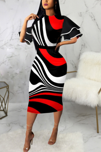 summer new stylish plus size stretch zip-up contrast color batch printing casual midi dress