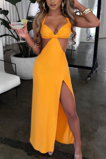 summer new stylish solid color halter neck stretch sexy hollow out slit maxi dress