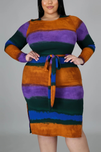 l-4xl plus size autumn new stylish stretch slit multicolor batch printing casual midi dress(with belt)