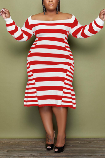 l-5xl plus size autumn new stylish stretch stripe printing off-shoulder casual midi dress
