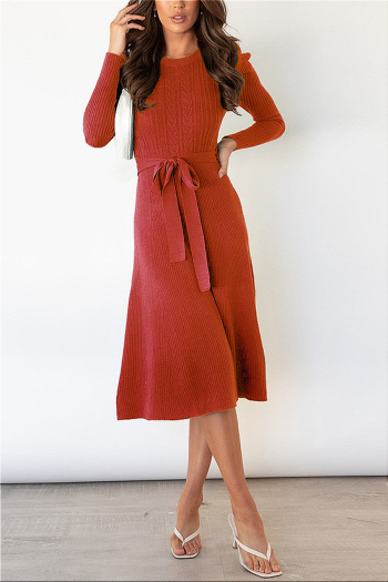 autumn new plus size solid color knitted stretch stylish minimalist midi dress with belt