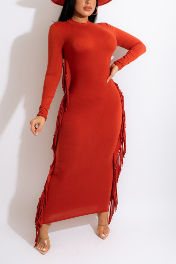 autumn new stylish simple pure color stretch tassel plus size casual maxi dress