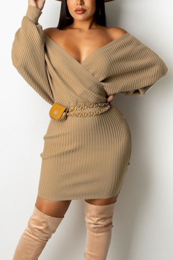 plus size solid color 4 colors autumn g new stylish deep v-neck stretch sexy mini dress (without belt)