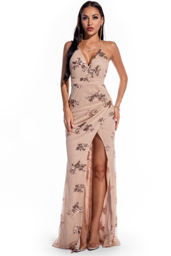new stylish summer backless zip-up sequin embroidered elegant slit maxi gown