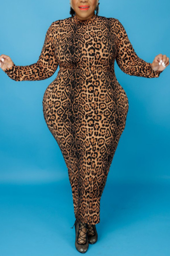 plus size xl-5xl new stylish leopard batch printing zip-up stretch casual autumn midi dress