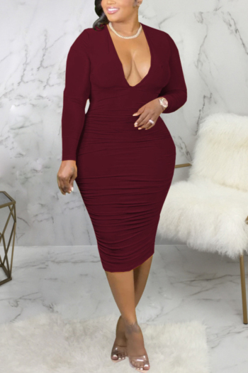 autumn new stylish simple solid color pleated deep v plus size stretch slim sexy midi dress