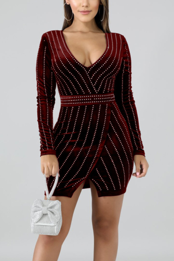 autumn new stylish plus size stretch velvet rhinestone v-neck zip-up sexy mini dress
