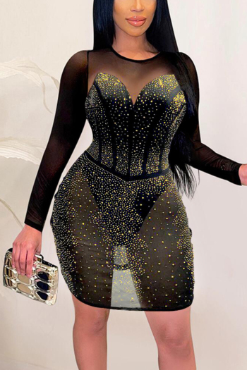 early autumn new stylish plus size stretch patchwork mesh see-through rhinestone sexy mini dress(with lining)