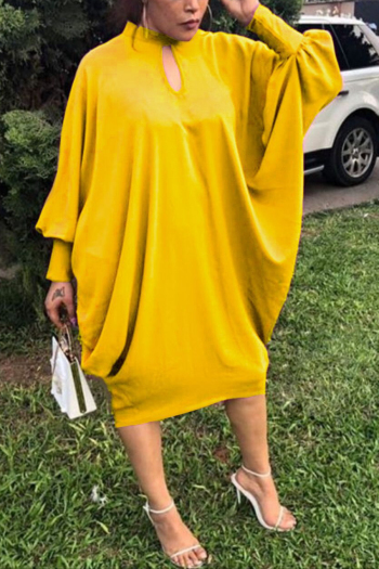 s-5xl plus size autumn new stylish simple stretch solid color hollow loose casual midi dress