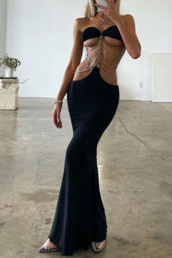 summer new stylish solid color multi-layer chain backless hollow hanging neck sexy maxi dress
