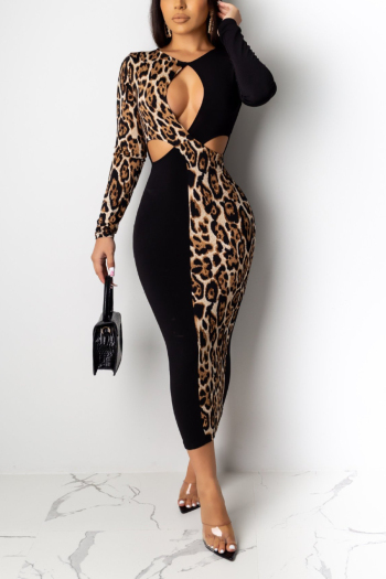 autumn new stylish patchwork hollow leopard batch printing plus size stretch sexy maxi dress