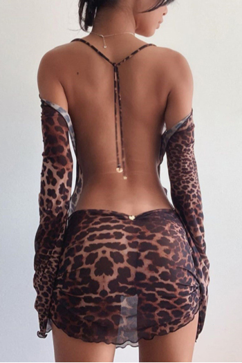 fashion flare sleeve mesh see-through leopard batch printing lace-up backless slim stretch sexy mini dress