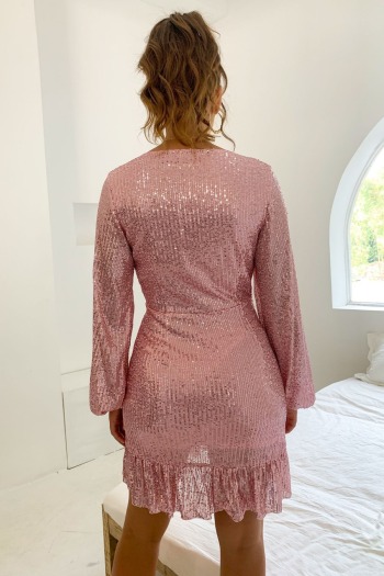 Summer new stylish sequin micro-elastic ruffles see-through puff sleeves elegant mini evening dress
