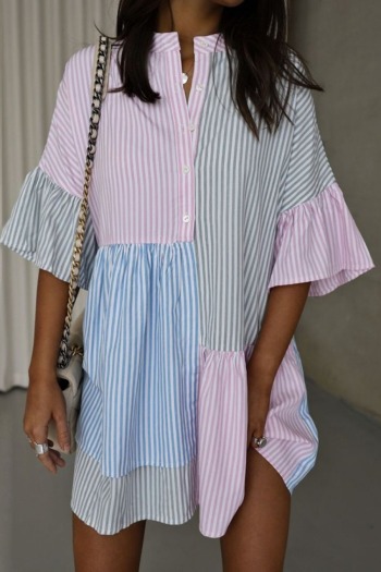 plus size contrast color striped spliced inelastic casual mini shirtdress