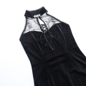 Solid color lace cheongsam bandage halter-neck velvet backless slit stretch sexy midi dress 