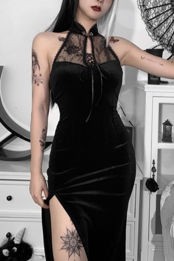 Solid color lace cheongsam bandage halter-neck velvet backless slit stretch sexy midi dress 