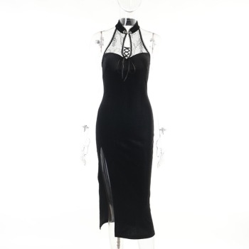 Solid color lace cheongsam bandage halter-neck velvet backless slit stretch sexy midi dress 