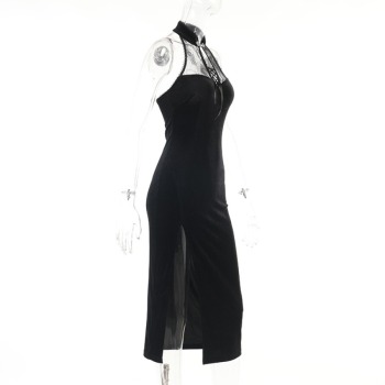 Solid color lace cheongsam bandage halter-neck velvet backless slit stretch sexy midi dress 