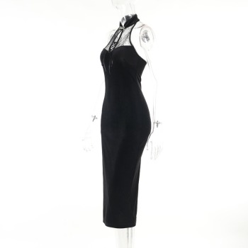 Solid color lace cheongsam bandage halter-neck velvet backless slit stretch sexy midi dress 