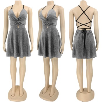 Summer plus size two colors stretch hollow lace-up sexy mini dress