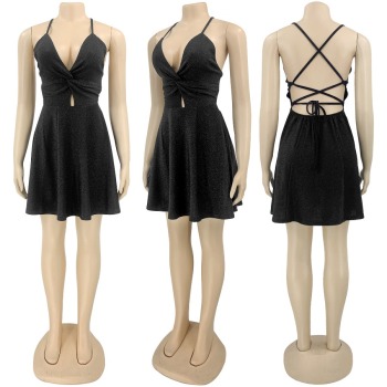 Summer plus size two colors stretch hollow lace-up sexy mini dress
