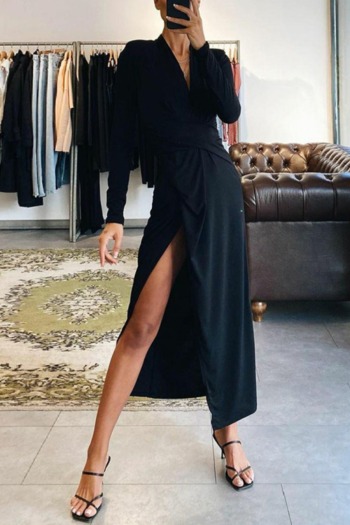 Autumn solid color V-neck long sleeve shoulder pads slim slit stretch maxi dress