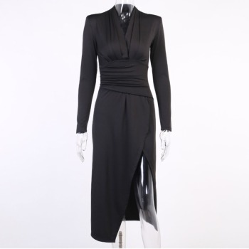 Autumn solid color V-neck long sleeve shoulder pads slim slit stretch maxi dress