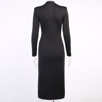 Autumn solid color V-neck long sleeve shoulder pads slim slit stretch maxi dress