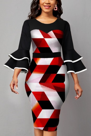 autumn new stylish batch printing plus size stretch zip-up ruffled slim casual midi dress