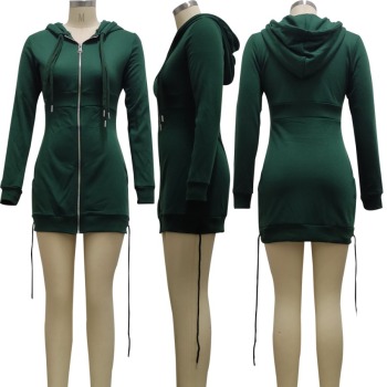 Autumn new stylish simple 4 colors plus size pure color zip-up hooded stretch slim sexy mini dress