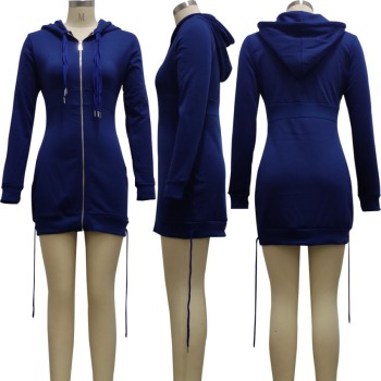 Autumn new stylish simple 4 colors plus size pure color zip-up hooded stretch slim sexy mini dress