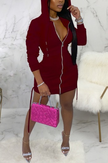 Autumn new stylish simple 4 colors plus size pure color zip-up hooded stretch slim sexy mini dress