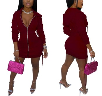 Autumn new stylish simple 4 colors plus size pure color zip-up hooded stretch slim sexy mini dress